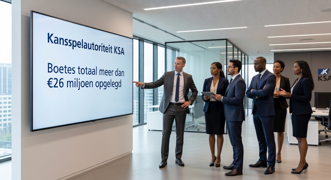 Overzicht van illegale gokwebsites met waarschuwingsborden en boetebedragen, symboliserend de KSA-handhaving