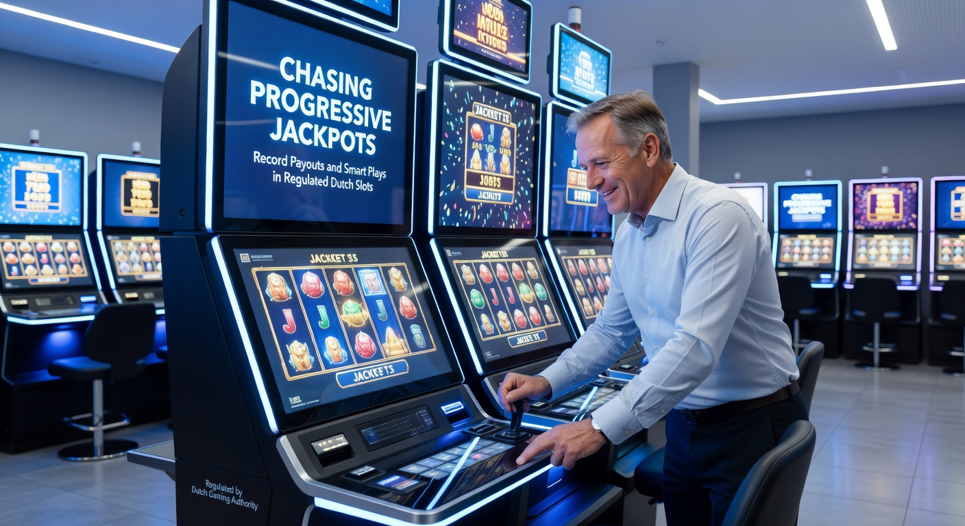 Grafiek met stijgende jackpotcurves en een gelukkige Nederlandse speler die een cheque ontvangt naast een slotmachine in een gereguleerd casino