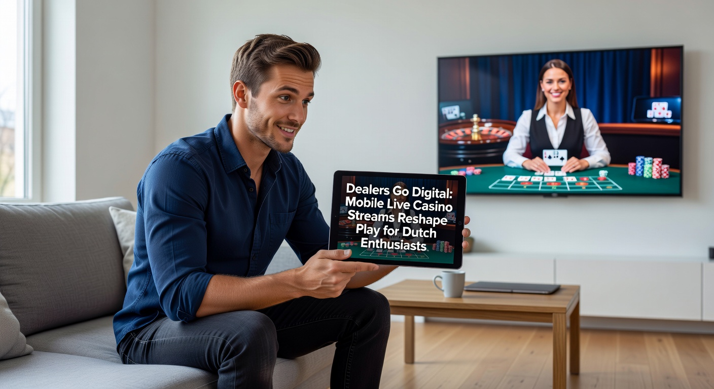 Nederlandse speler houdt smartphone vast tijdens een live roulette sessie, met een dealer in pak die het wiel draait op een split-screen weergave