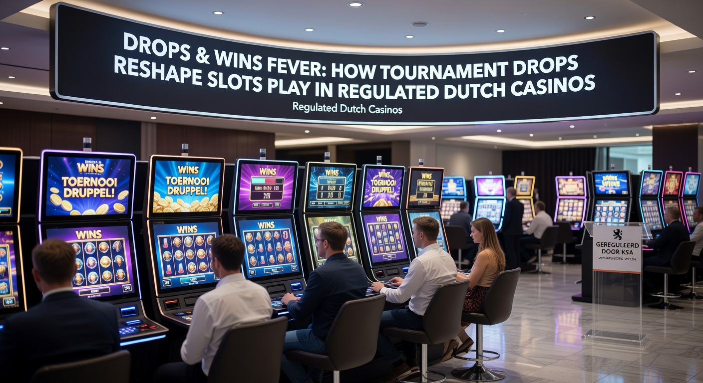 Schermafbeelding van een bruisende Drops & Wins toernooi-interface met vallende prijzen en leaderboard in een Nederlands casino