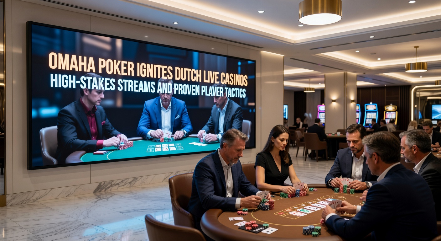 Spannende Omaha Poker tafel met high-stakes chips en live dealers in een Nederlands casino
