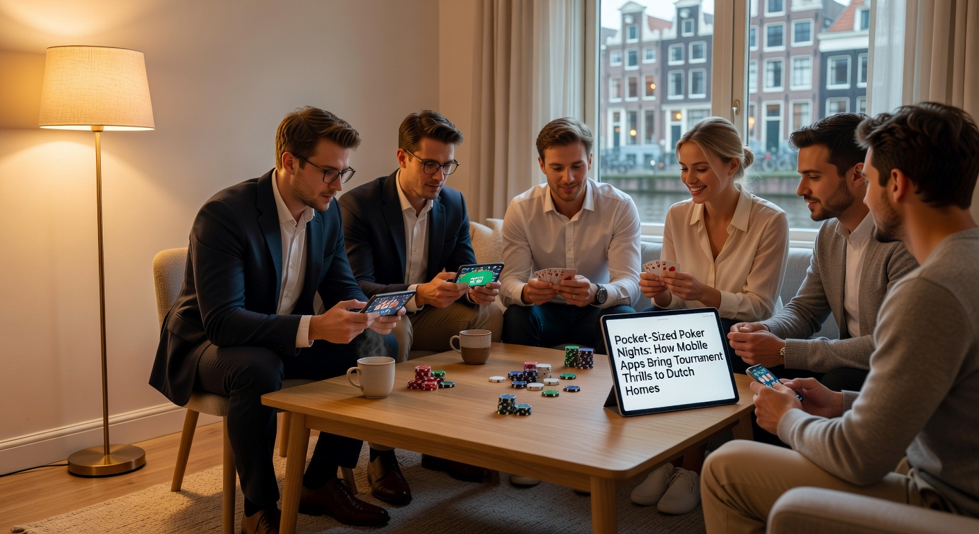 Smartphone met pokerapp op een tafel tijdens een thuisavond, kaarten en chips zichtbaar op het scherm