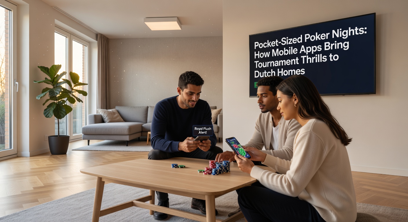 Groep vrienden rond een telefoon met pokertoernooi op scherm, lachend tijdens een spannend moment